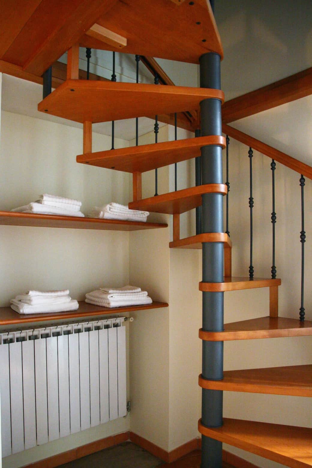 bath towels by the stairs to the mezzanine