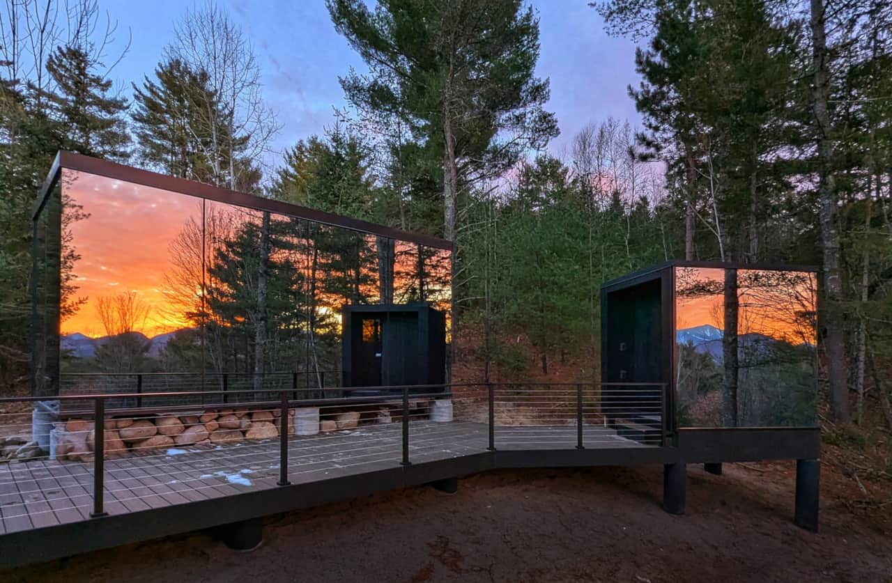 ÖÖD Whiteface at Jay reflecting a brilliant November sunset in main cabin and sauna windows