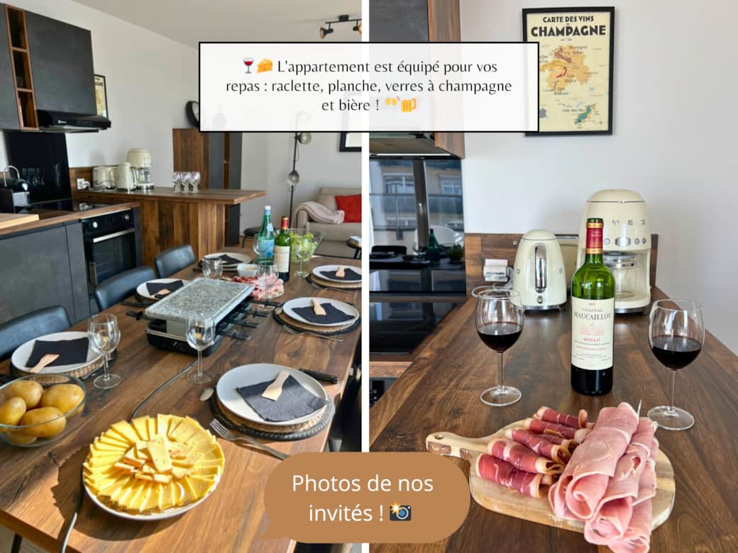 🍷🧀 L'appartement est équipé pour vos repas _ raclette, planche, verres à champagne et bière ! 🍷🧀 L'appartement est équipé pour vos repas _ raclette, planche, verres à champagne et bière !