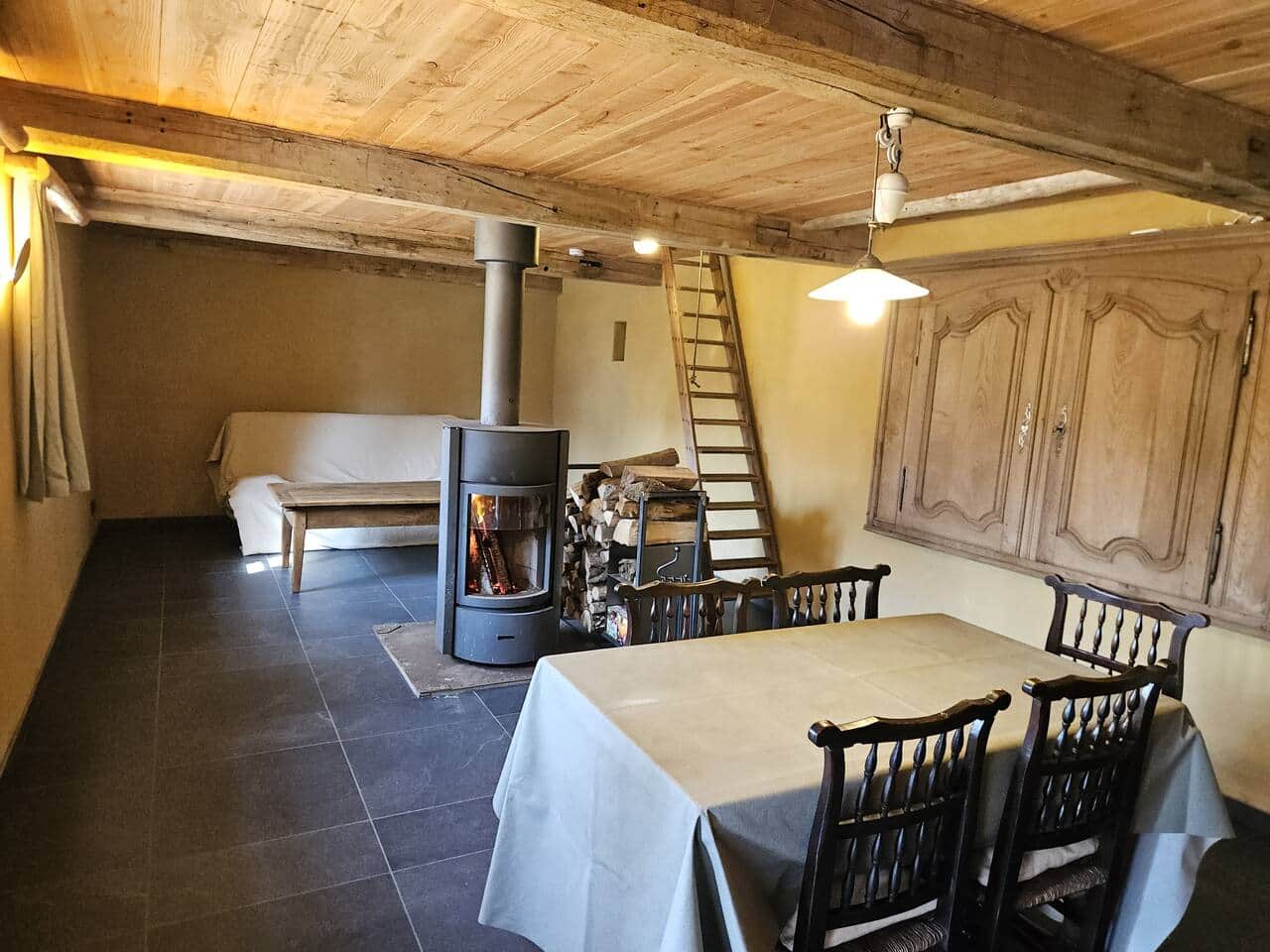 Salle à manger, salon et poêle à bois pivotant avec porte vitrée, pleine ou ouverte
