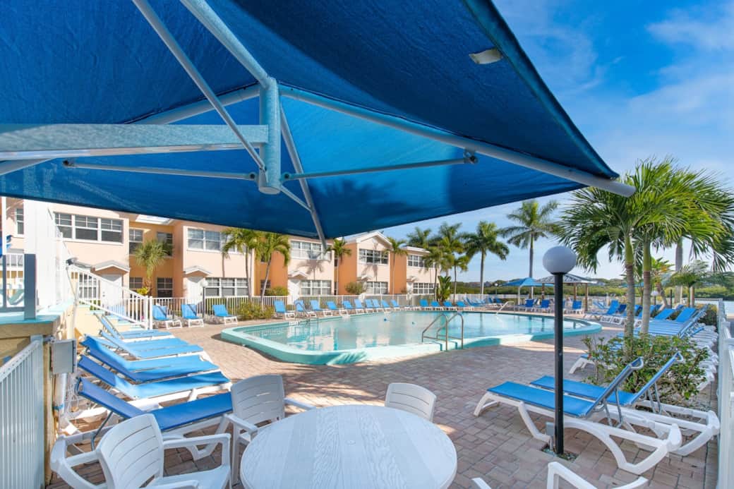 pool with tables and umbrellas