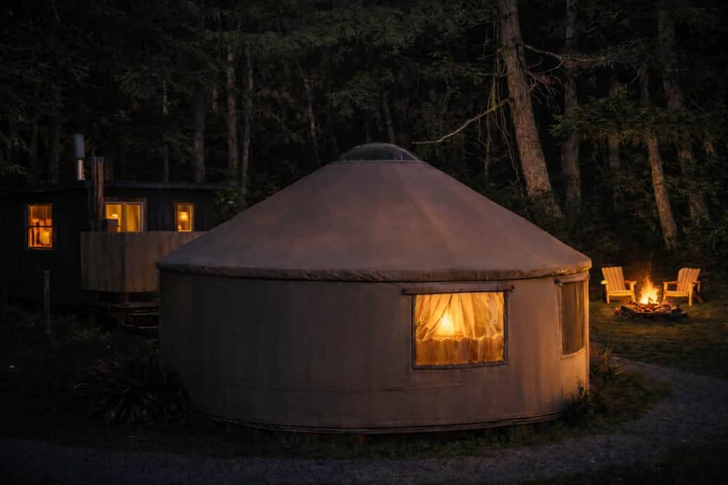 The Hollow forest yurt glowing at night beneath the evergreens on Whidbey Island