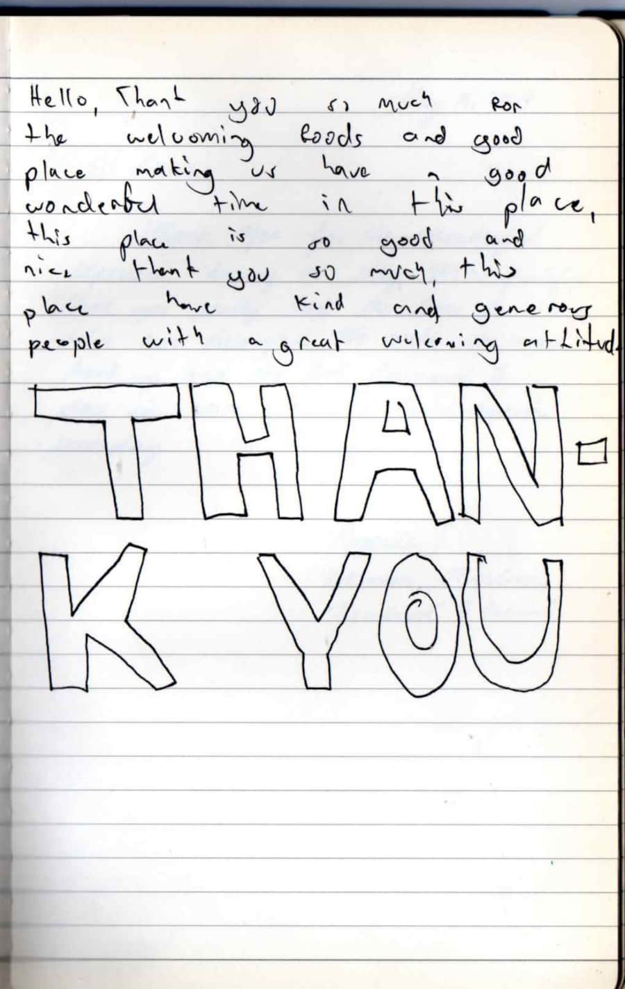 Handwritten guest note from Raya P09 guest book