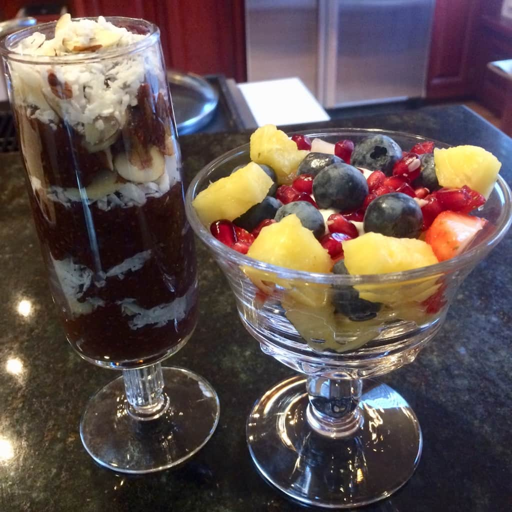 "Almond Joy" Choco Chia Parfait/ Fresh Fruit with Greek Yogurt & Local Honey