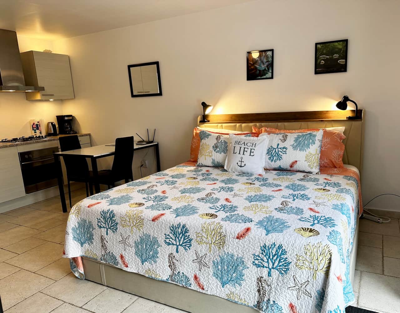 Bed, dining table & kitchen 