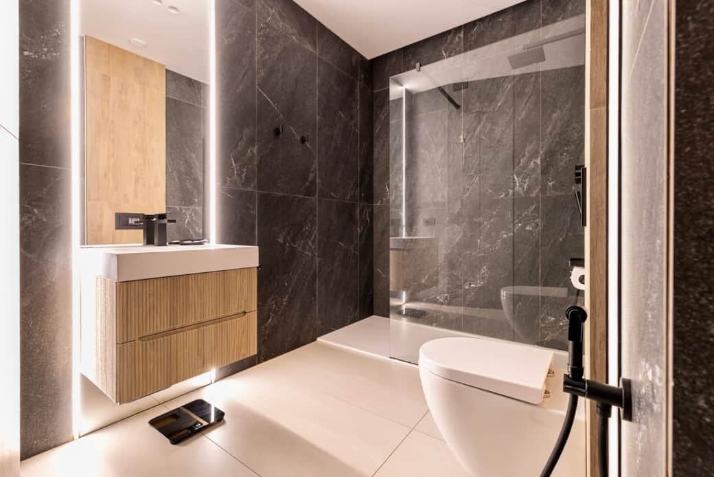 Luxurious bathroom with walk-in rain shower Luxurious bathroom with walk-in rain shower