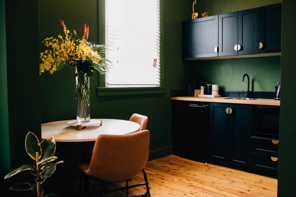 Kitchenette stocked with everything you need, including a coffee machine