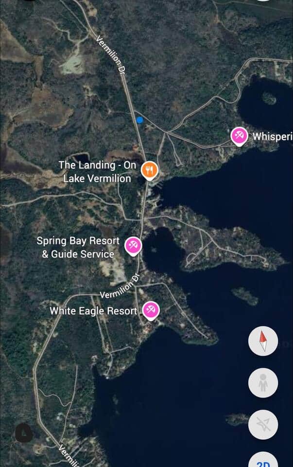 Blue Dot is the Location of Tree Top Lodge 
Located 1/4 mile from Lake Vermilion.
Arrowhead Snowmobile trails and Voyageur Country ATV Trails 