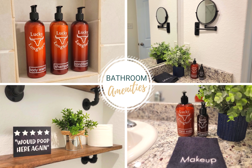 Bathrooms include make up mirrors, hair dryers, hand soap &amp; hand sanitizer