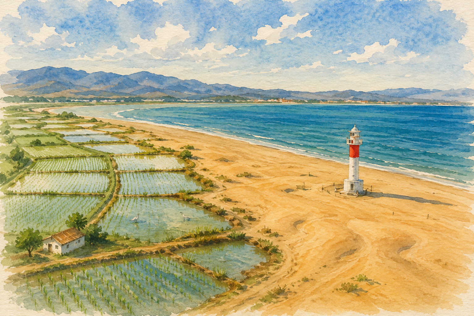 Watercolour of the Ebro Delta with rice fields, dunes and Mediterranean Sea