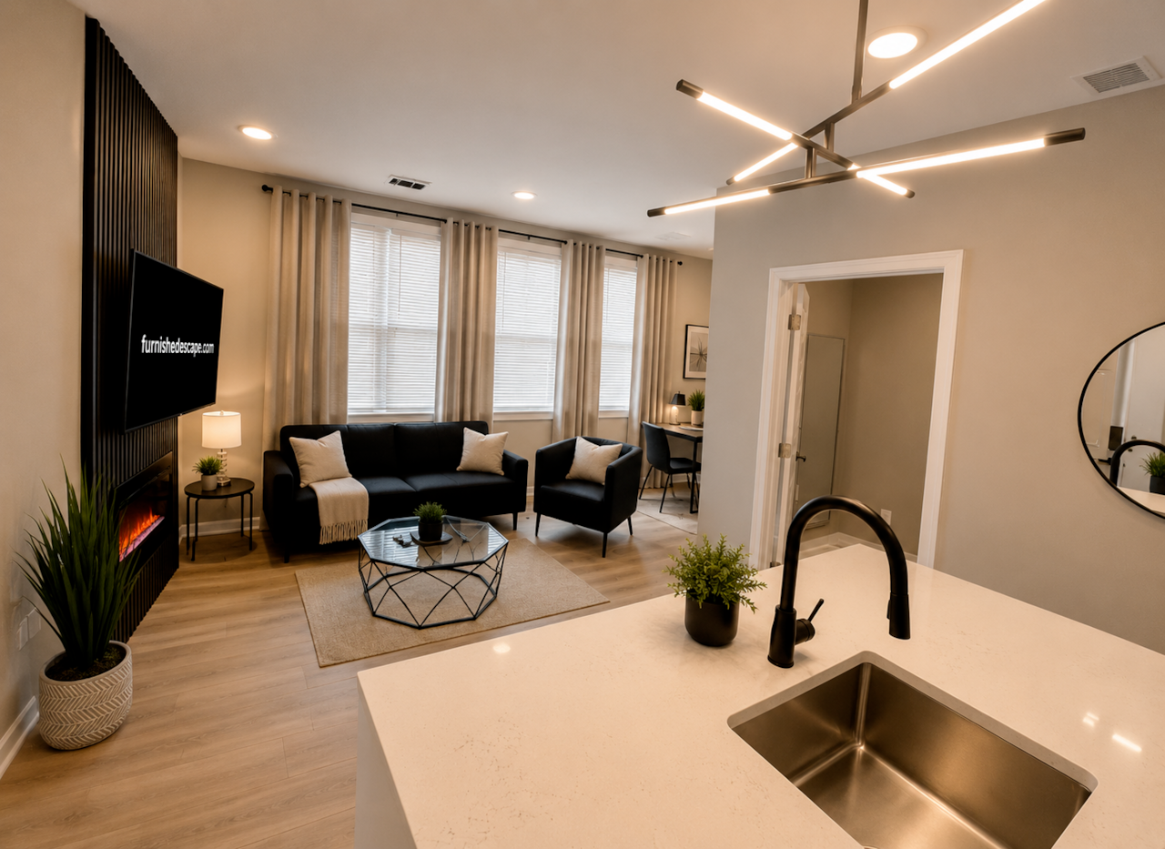  Full kitchen with a quartz island  bar.