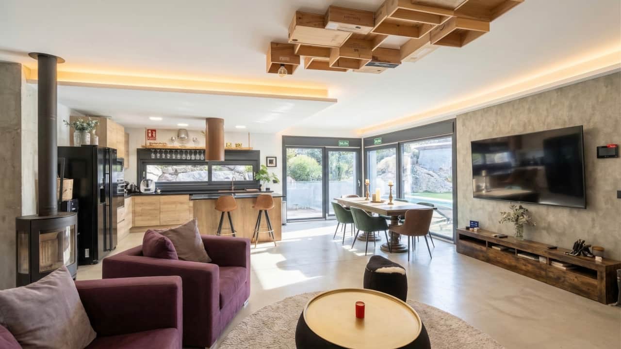 Salón diáfano con cocina abierta, Smart TV y salida al jardín