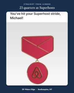 Airbnb Superhost medal for 23 quarters