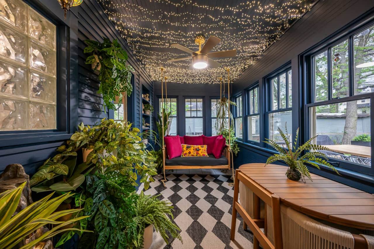 Magical Sunroom with Porch Swing, perfect for morning coffee and reading books