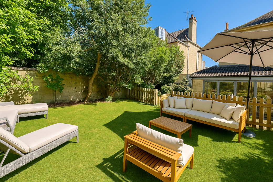 The charming garden boasts a sun-soaked space, perfect for lazy afternoons. Relax on the comfy sofas, read a book in the shade of the leafy trees, or sip your morning coffee. Fully enclosed for privacy and safe for little explorers.