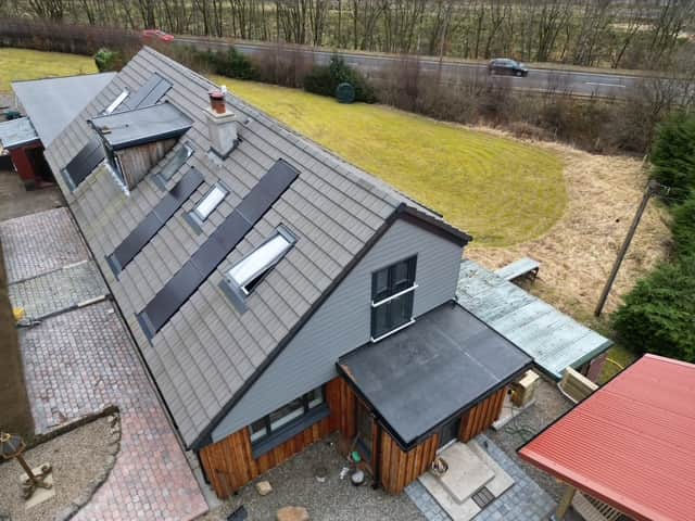 Aerial view of Strathfillan Lodge roof, solar panels and garden
