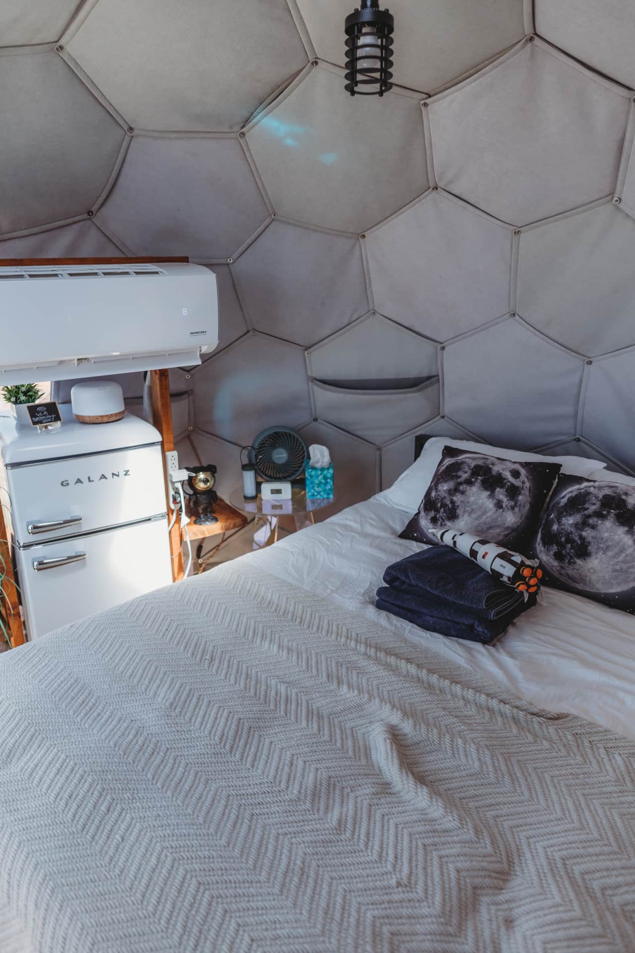 Comfy bed inside Space Pod 007's dome, Terlingua TX