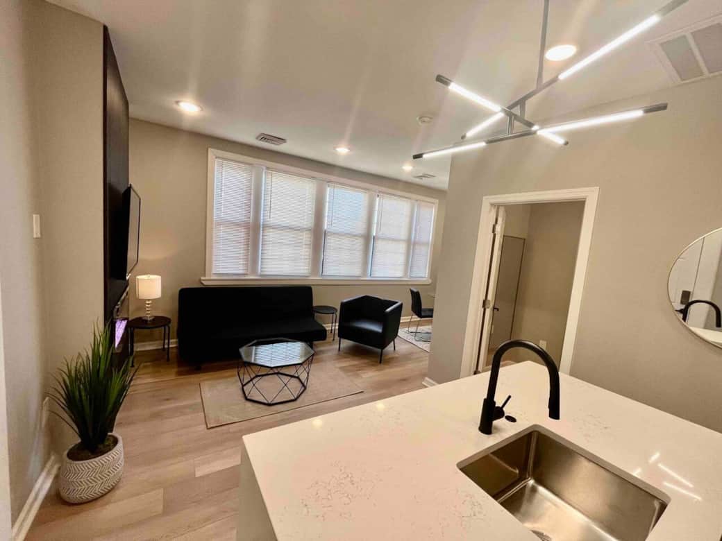 Brand new kitchen and appliances with breakfast bar, dishwasher ,microwave, refrigerator. 
Joined with the living room with futon sofa bed, large flat screen tv , fireplace and dining room. 
