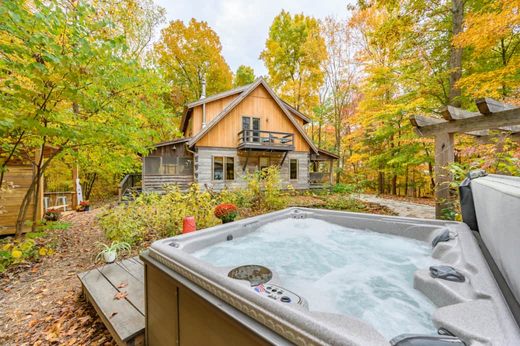 Hot Tub view facing the cabin pond and garden area