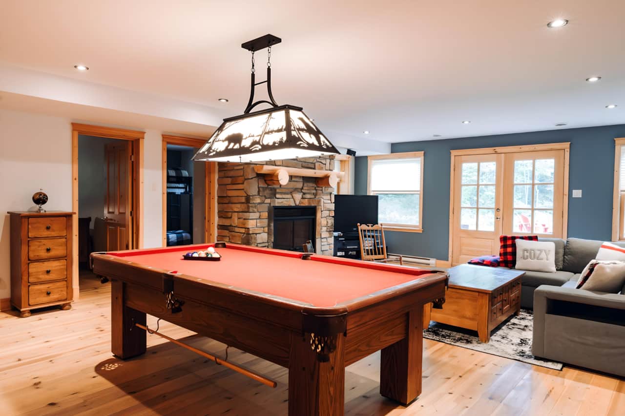 Basement with wood fireplace