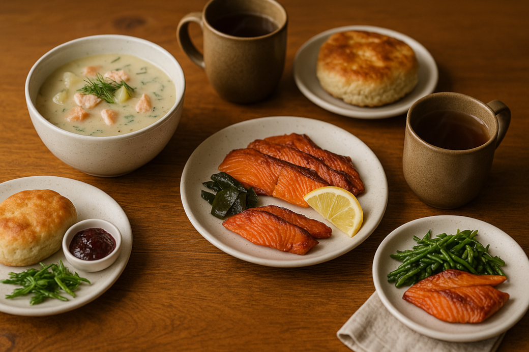 Dining options in Alert Bay (local dish on table)