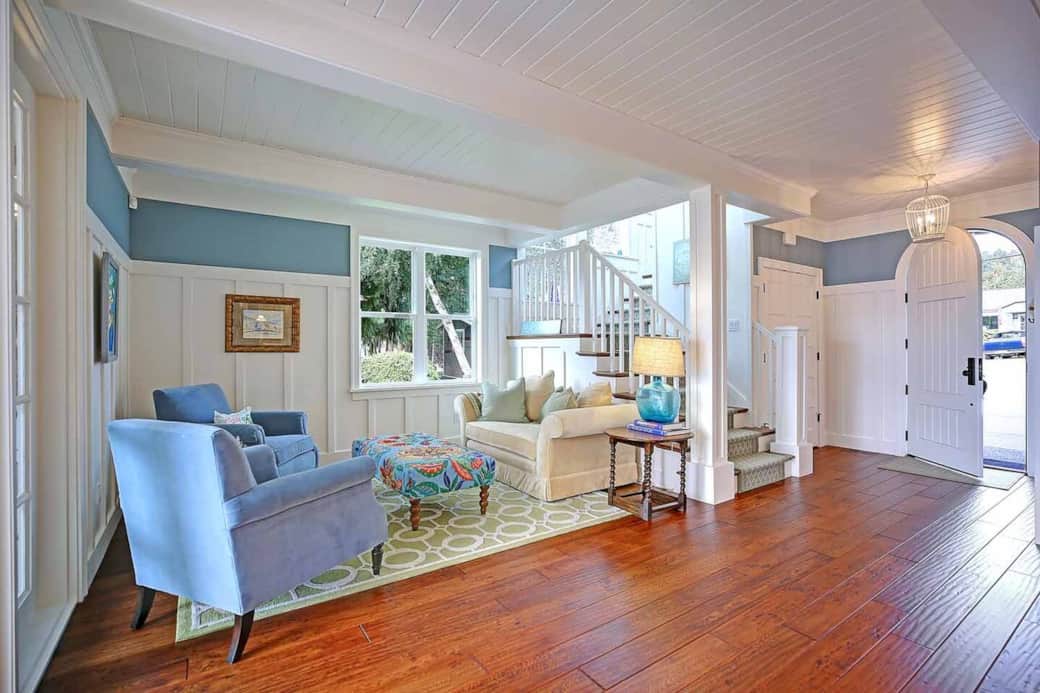 The living room is a cozy spot to get together and relax while listening to the Sonos sound system.