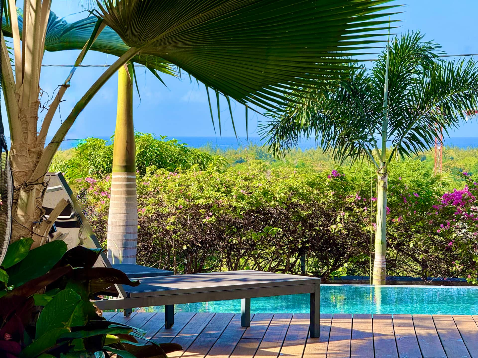 Vue depuis le bord de la piscine de la Villa Acacias