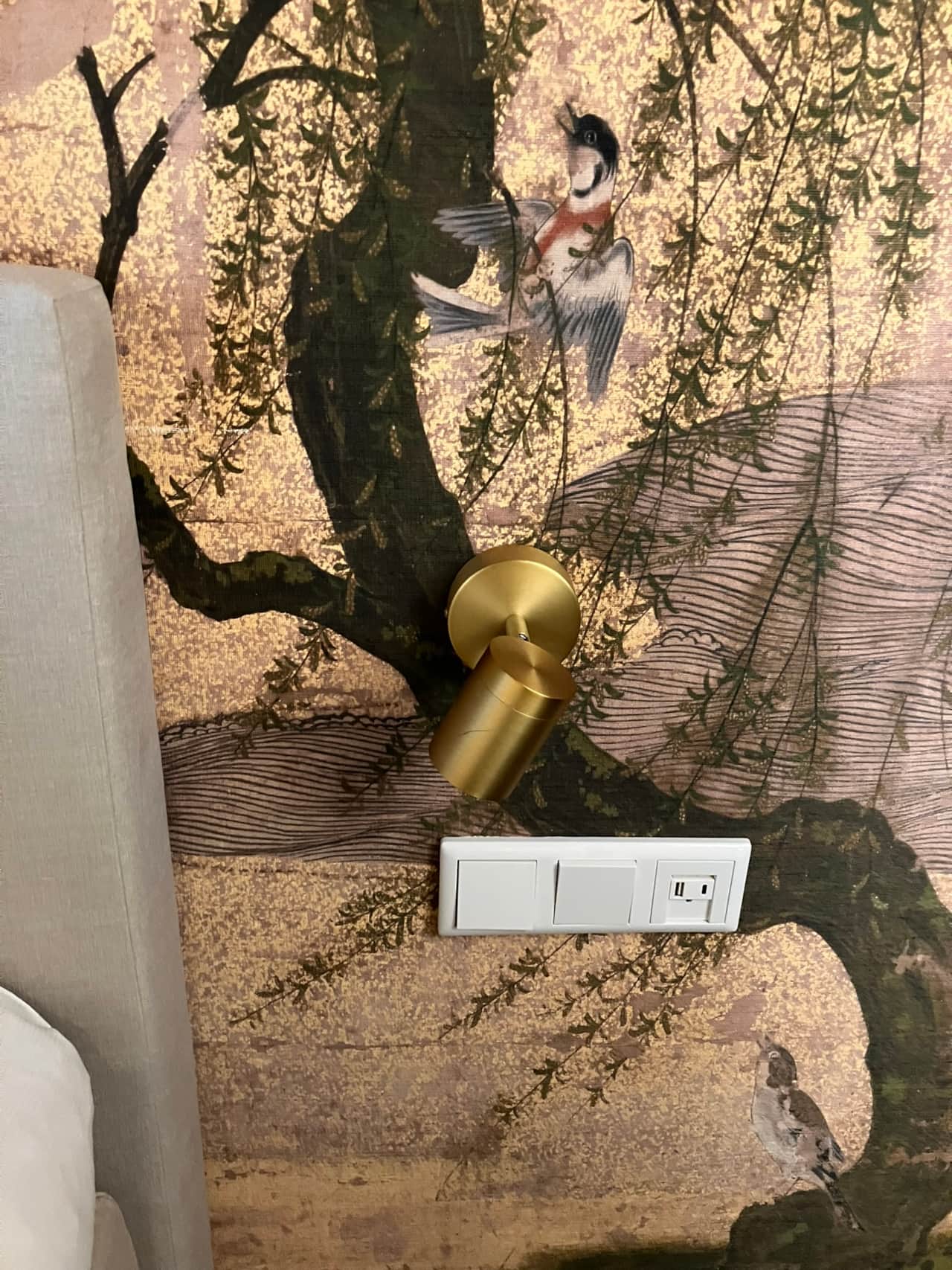 Close-up of the Japanese wallpaper mural in the Robinah Suite