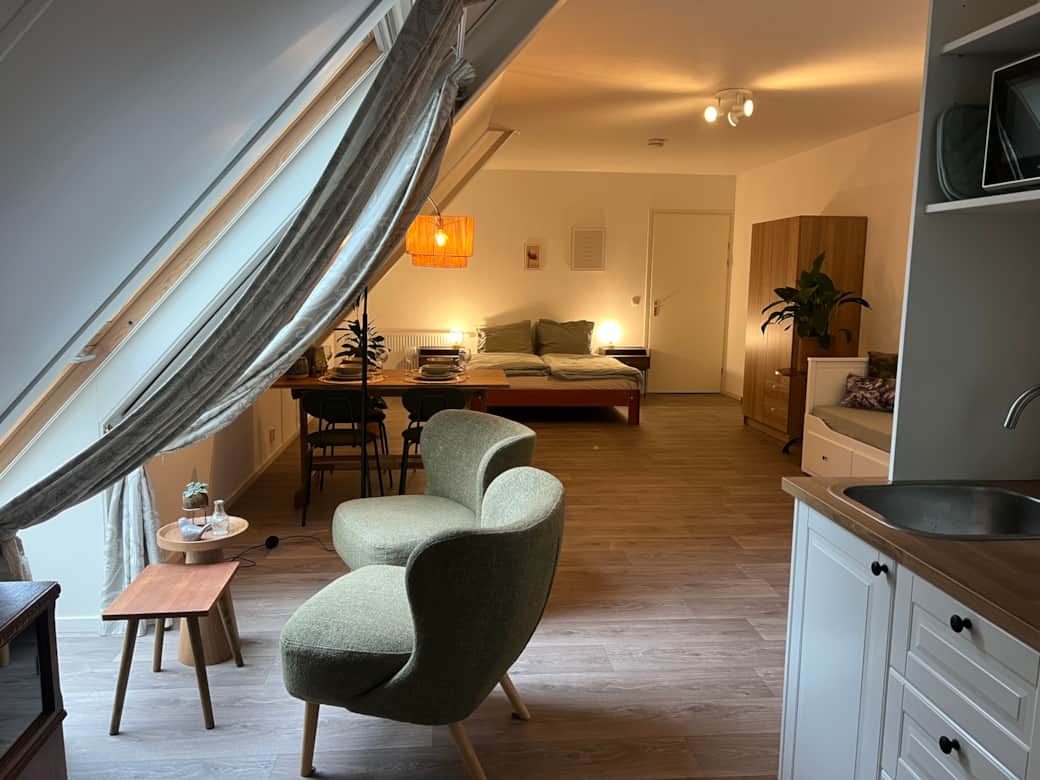 Overzicht kamer met kitchenette