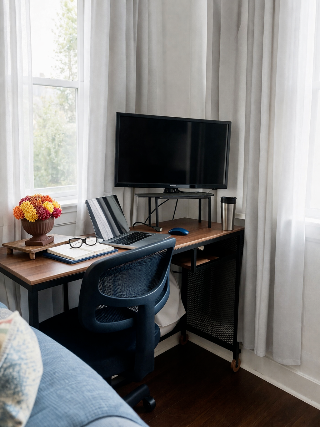 Well-equipped work area with desk and monitor