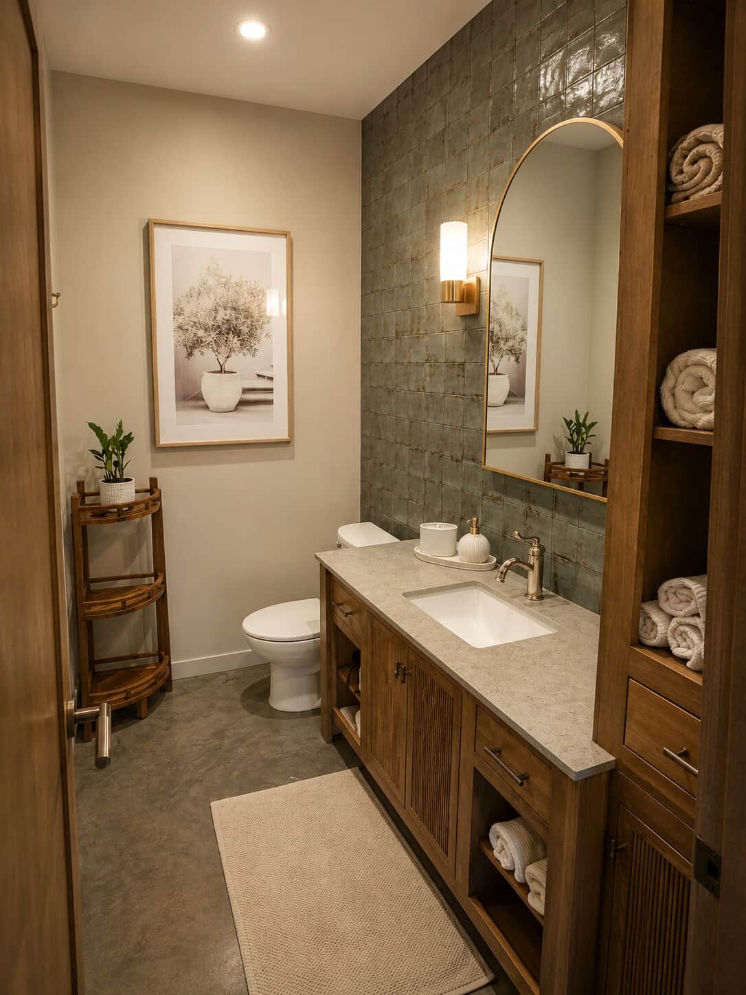 Begin and end each day in this spa-inspired bath with warm natural finishes, a quartz vanity, and an arched mirror. Premium bath amenities and calming details create a peaceful retreat after the sauna or before another day exploring wine country.