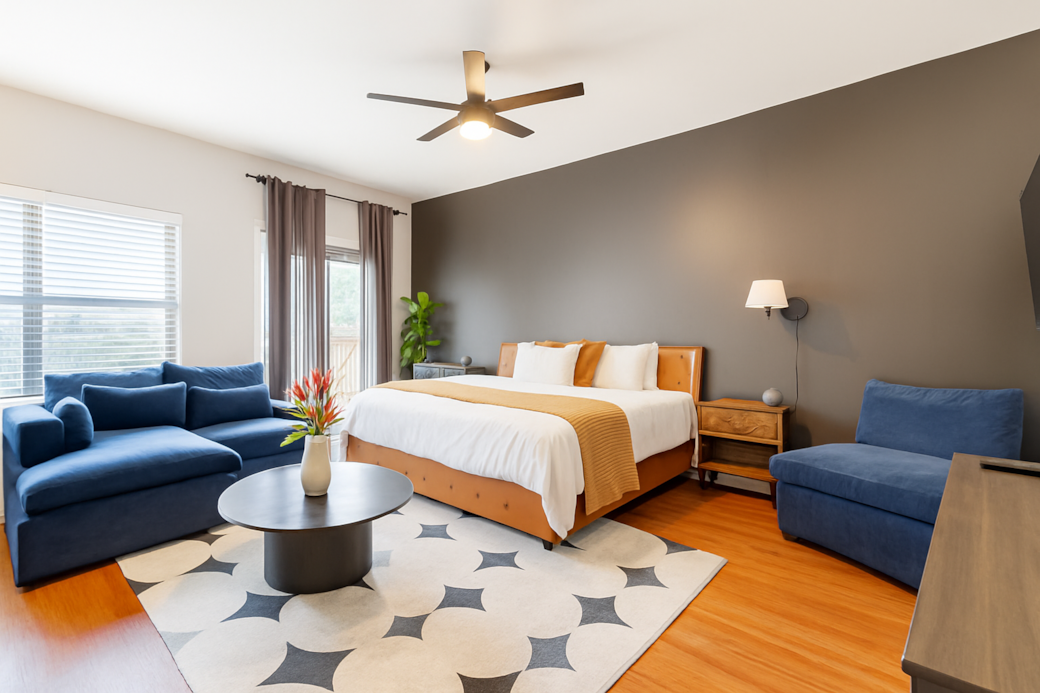 Cozy king bedroom with stylish accents and soft lighting.