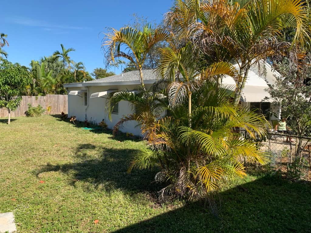 Before renovation exterior area at Casa Citron showing worn aluminum awnings and weeds overtaking the grounds