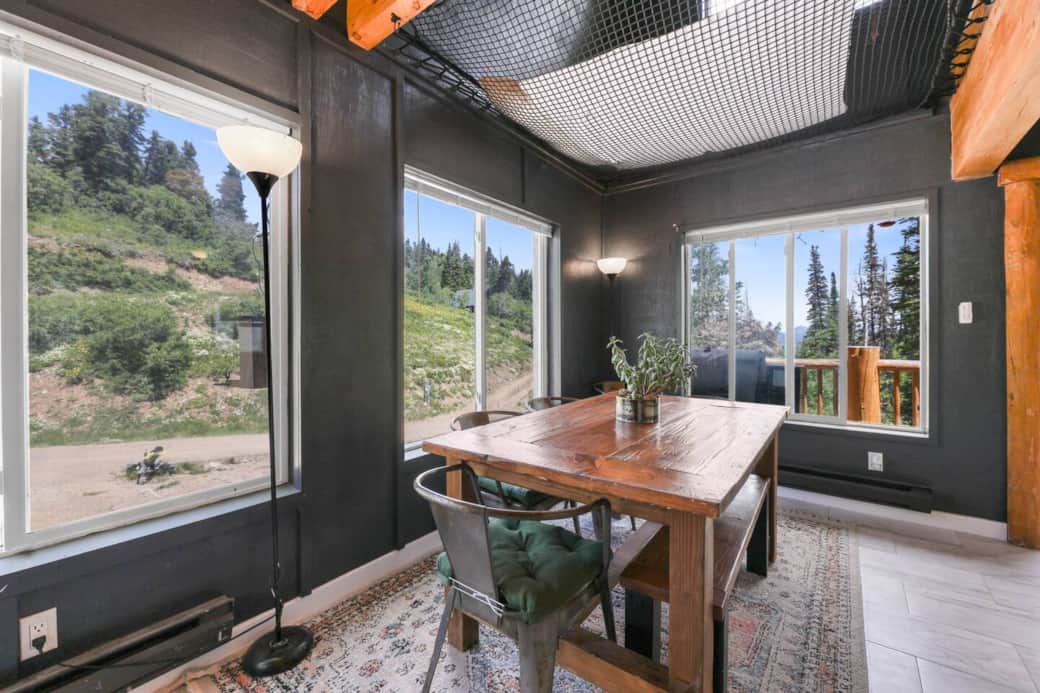 Dining table has enough room for 6, but it has two Leafs that can be added with enough chairs to seat 10 Dining table has enough room for 6, but it has two Leafs that can be added with enough chairs to seat 10