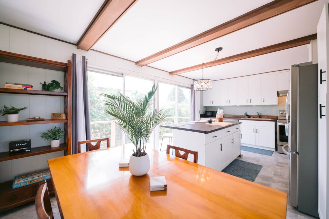A light-filled kitchen and dining area