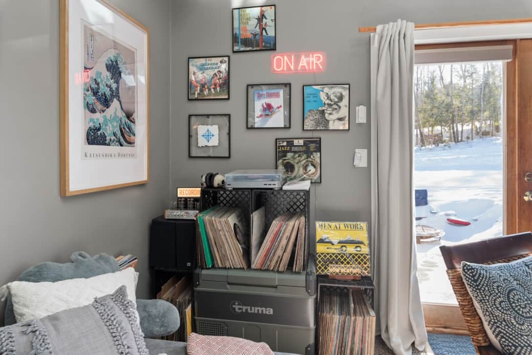Vinyl record collection adds a stylish fun element and provides a music mix for every mood.  We also have our own Spotify and Youtube playlists for New England adventure themed tunes and short films.