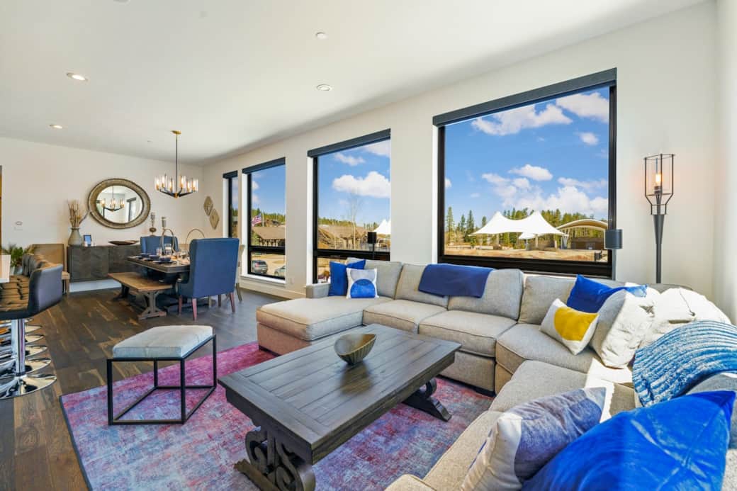 Expansive great room w/ floor-to-ceiling windows that overlook Hideaway Park - "This place was amazing. Has all the bells and whistles but still very cozy." - Ben (Jan 2024)