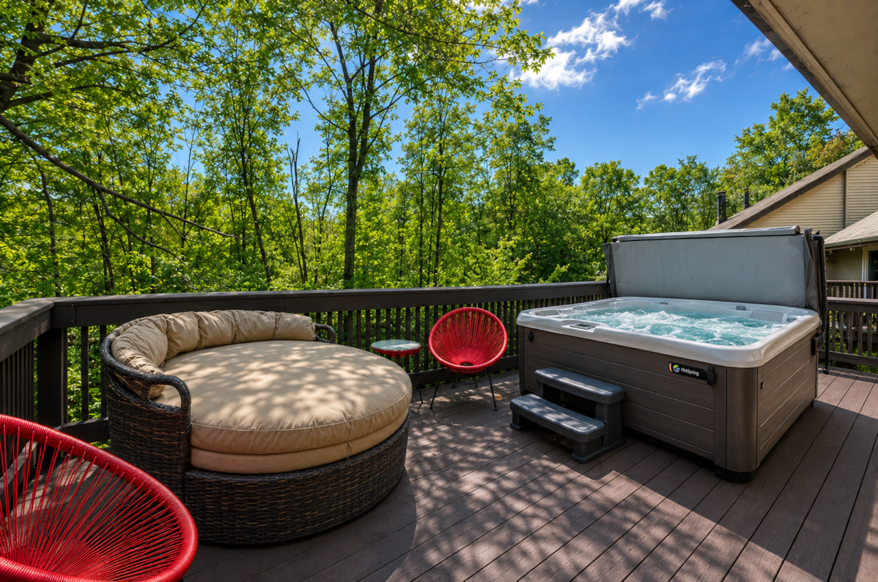 Sunny private patio retreat with saltwater hot tub, lounge seating, and wooded summer views