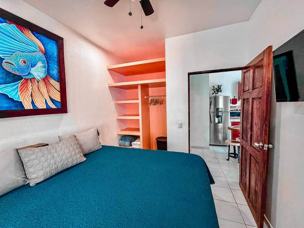 Bedroom with king bed, closet unit, tv, ceiling fan, air conditioner Bedroom with king bed, closet unit, tv, ceiling fan, air conditioner