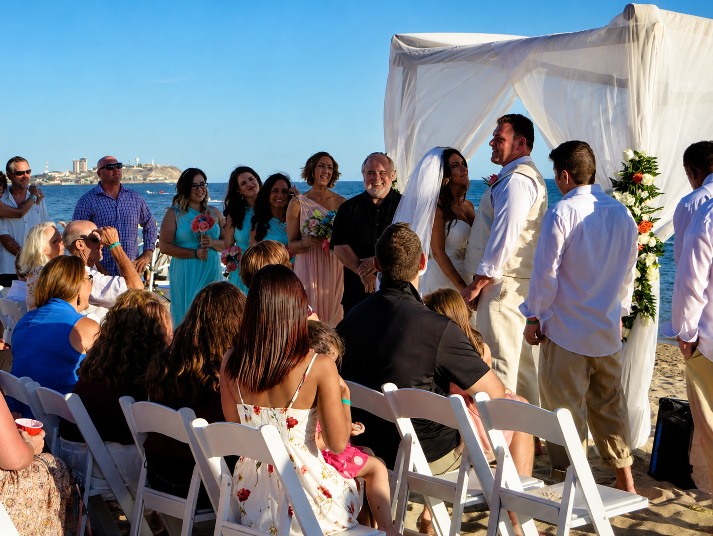 Beach wedding ceremony wide view, Sea of Cortez
