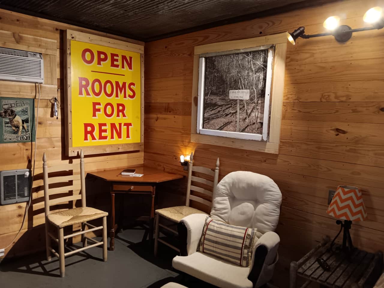 Buffalo Camp 2 is one room. The room is 160 square feet. This view of dinette and rocking chair