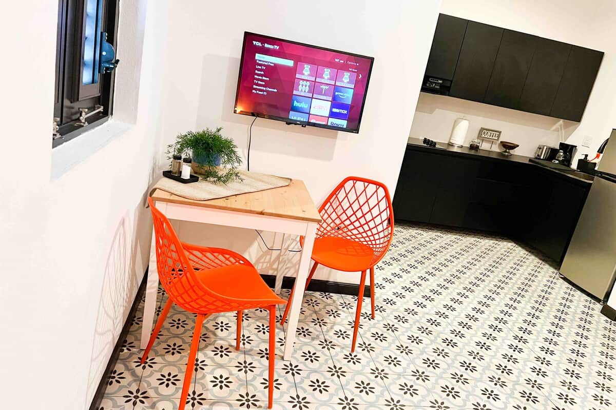 We provide a table for two complete with salt and pepper for your dining convenience.