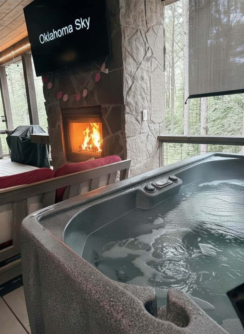 Hot tub with outdoor fireplace