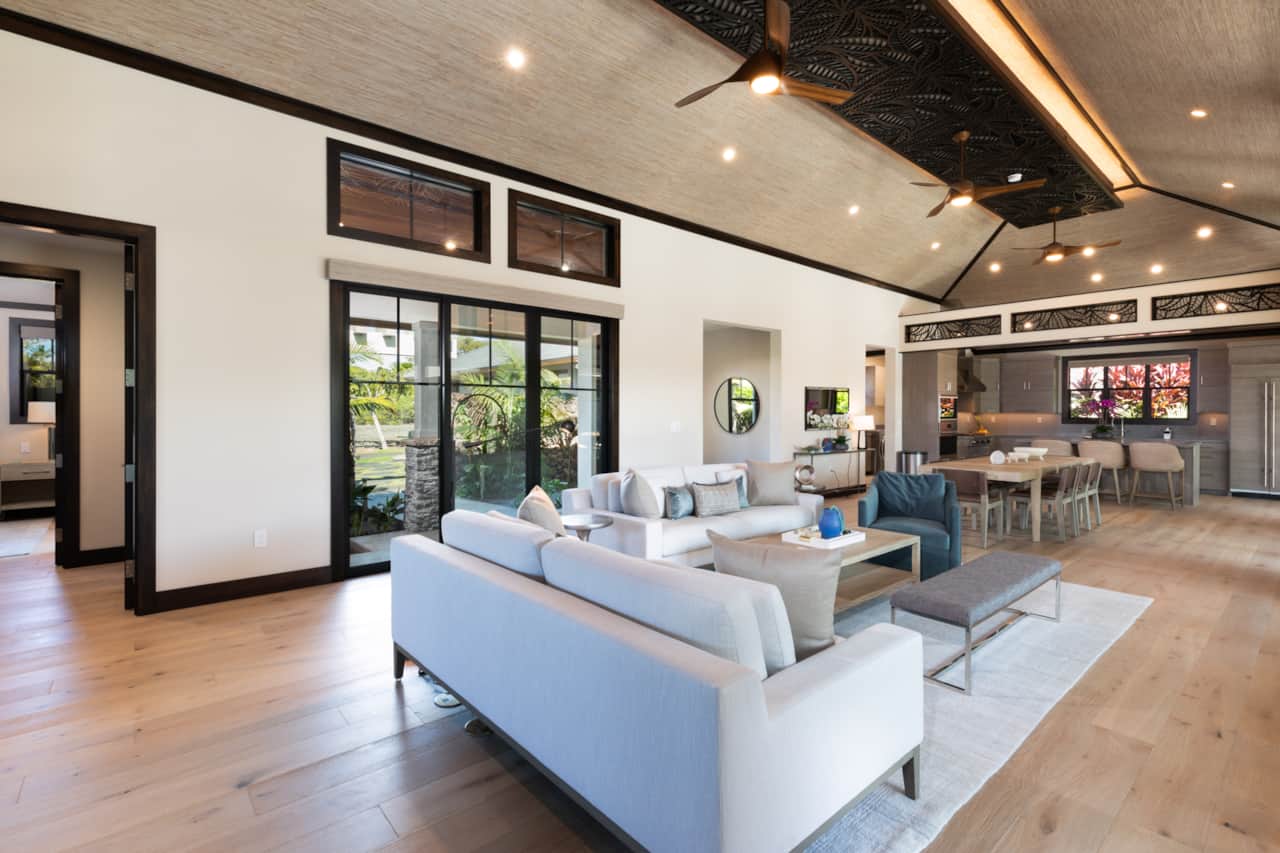 The open concept home moves seamlesly from the living room to dining room through to the kitchen. 