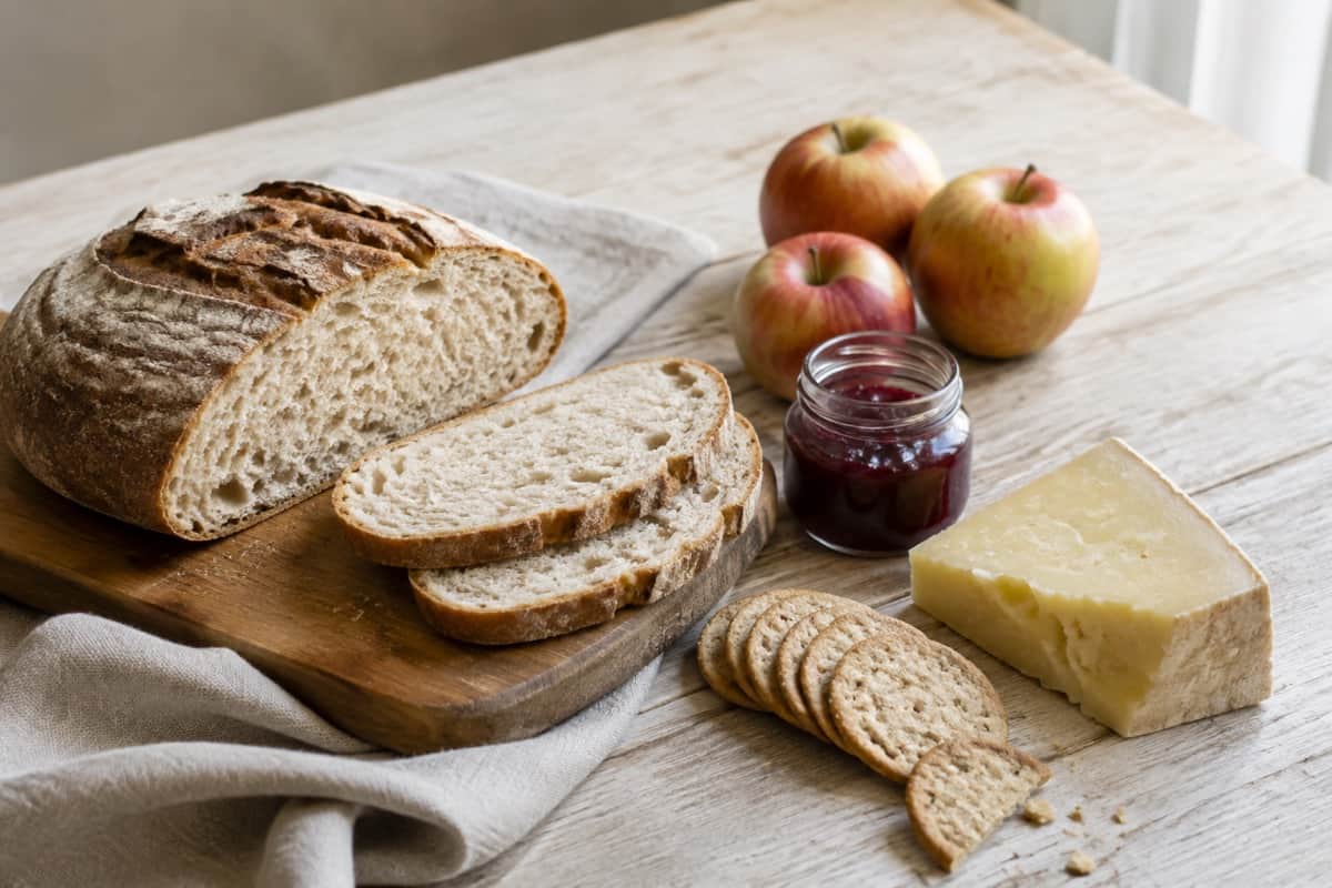 Bread, farmhouse-style cheese, oatcakes, preserve and apples on a table
