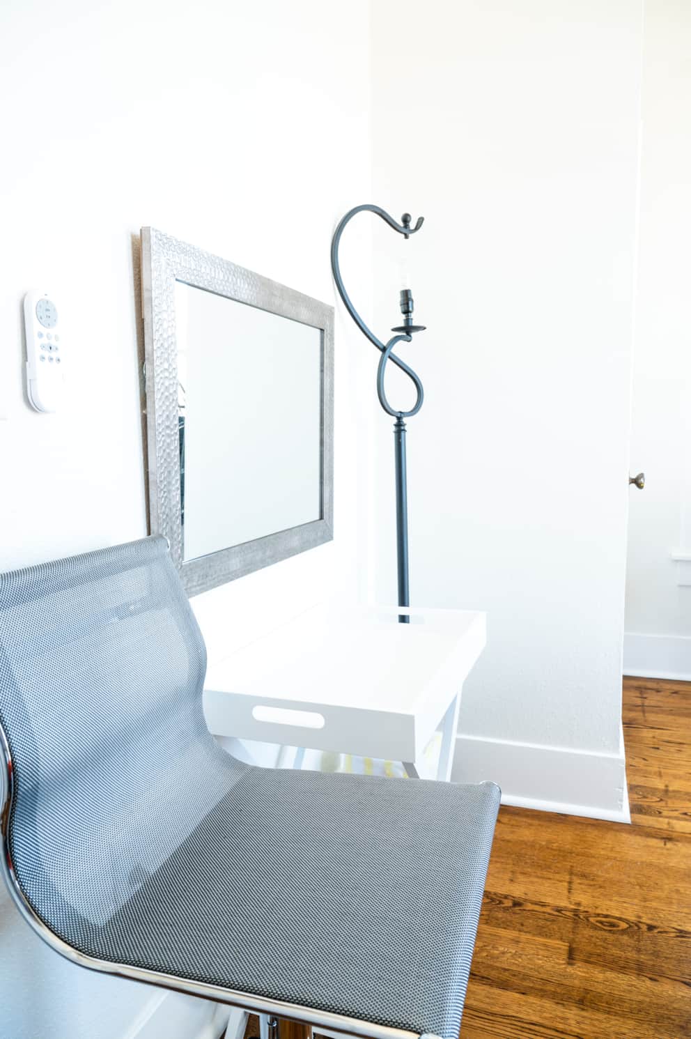 Make up prep station with swivel chair, mirror and lots of natural lighting.