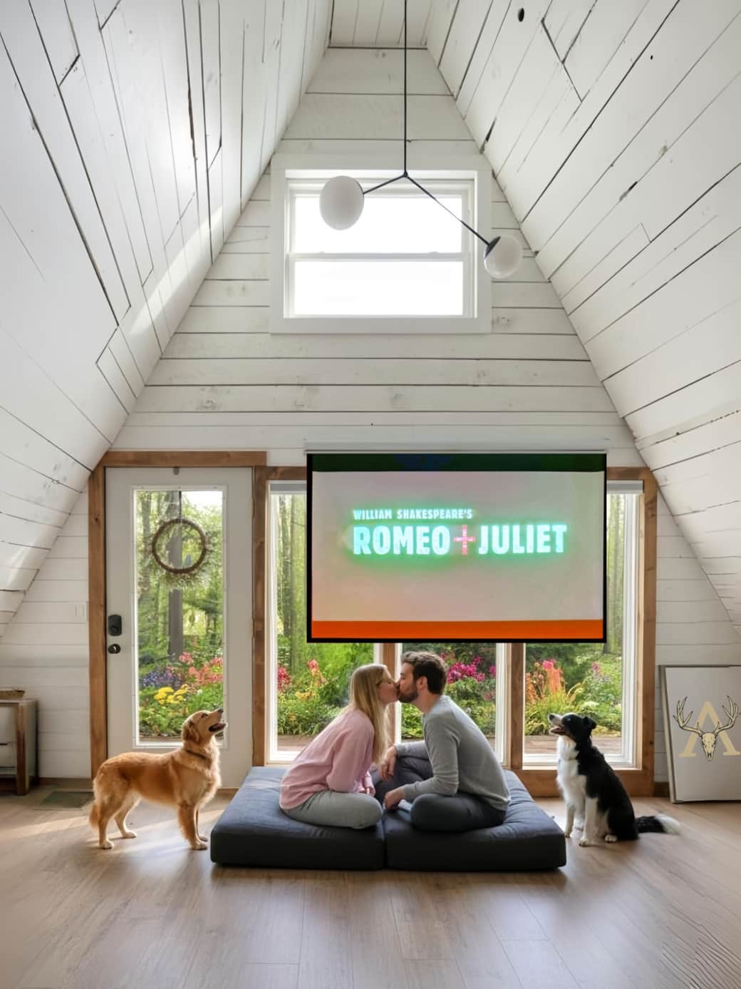 Enjoy your favorite shows on our big projector, overlooking the enchanting front yard