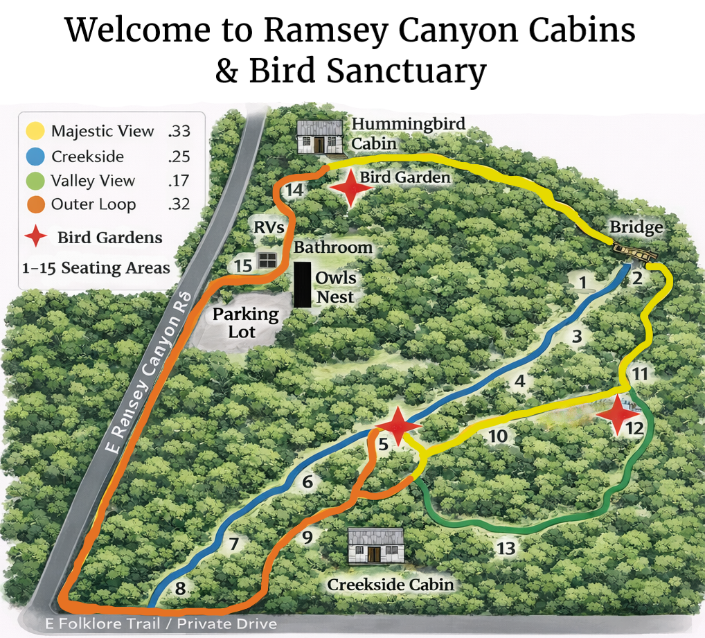 Ramsey Canyon Cabins & Bird Sanctuary property map. 3 Bird Gardens, 90+ feeders, 4 different trails.