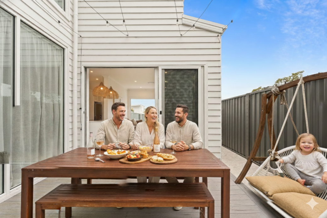 Courtyard dining space and hanging chair Courtyard dining space and hanging chair