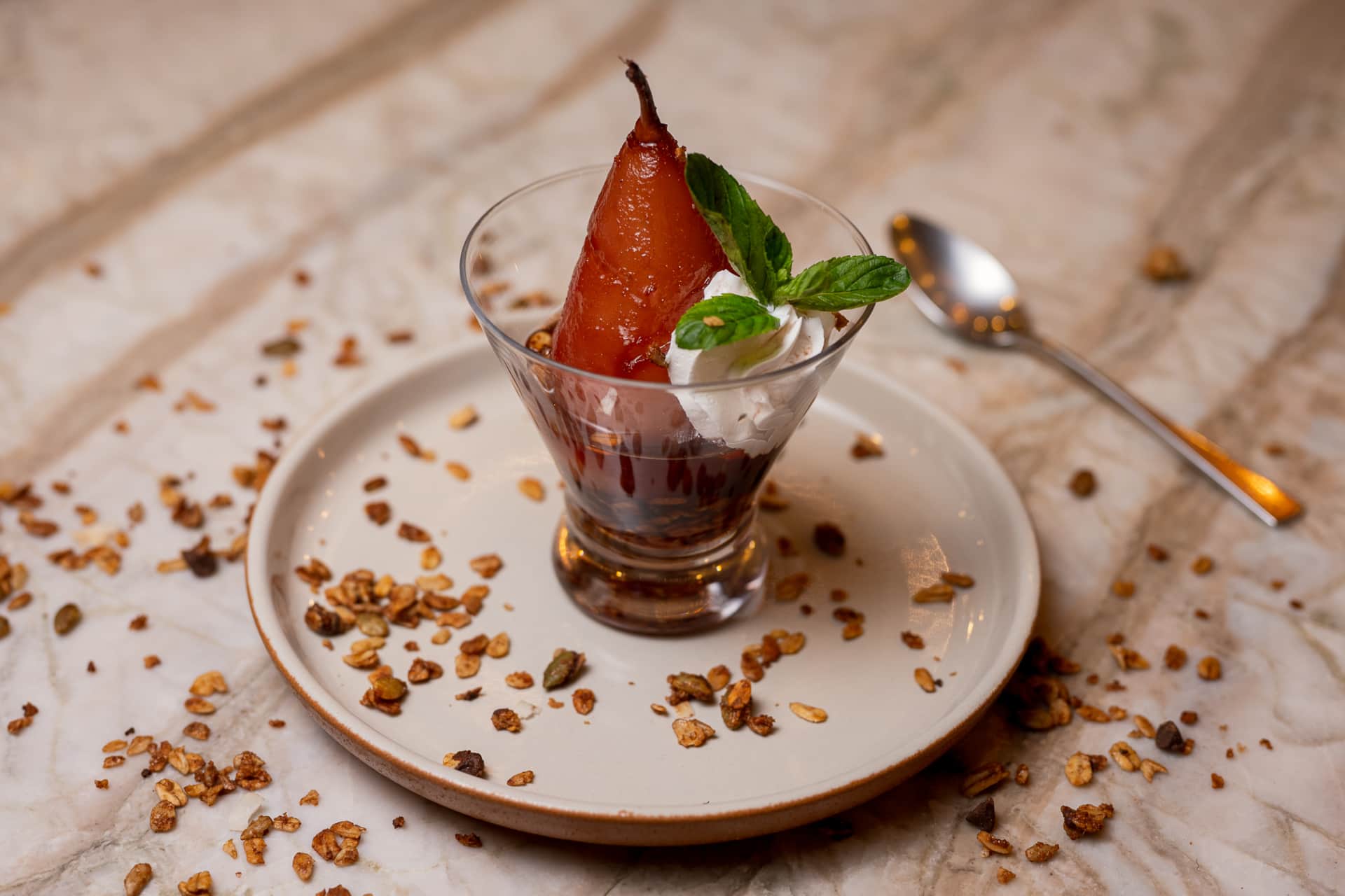 Bourbon vanilla poached pear dessert at Villa TuluMar